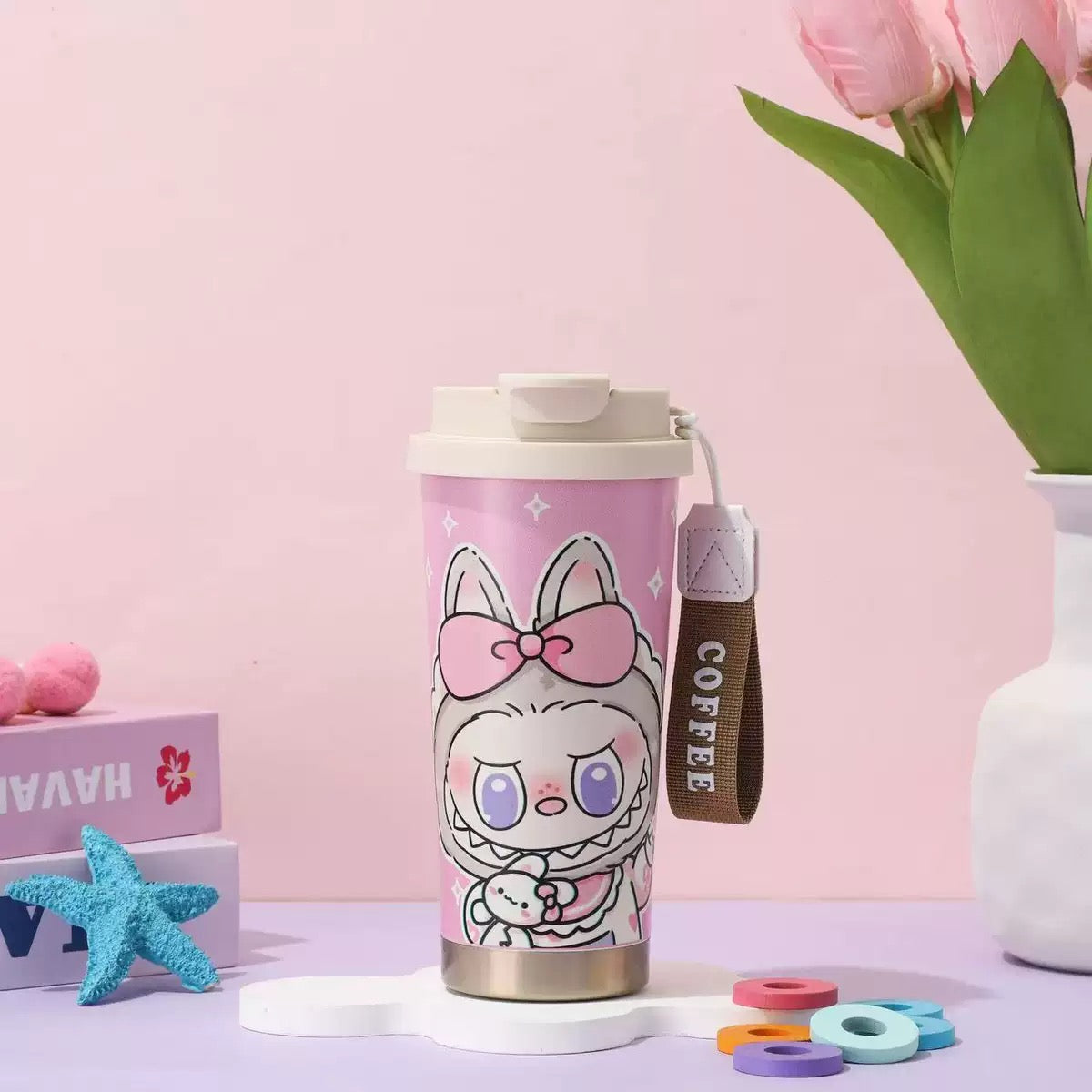 Labubu Travel Mug – 500 ml Insulated Stainless Steel Coffee Tumbler with Wrist Strap